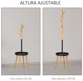 HOMCOM Cabide de Pé com Mesinha Auxiliar Redonda e 5 Ganchos com Altura Ajustável para Casacos Chapéus Bolsos Entrada 40x40x179cm Madeira Natural Preto