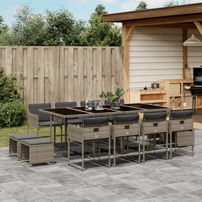 vidaXL 13 pcs conjunto jantar p/ jardim c/ almofadões vime PE cinzento