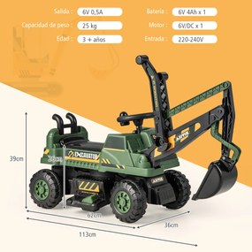 Escavadora a bateria 6V para crianças com assento giratório Assento giratório Movimento para a frente/para trás Música 113 x 36 x 39 cm Verde