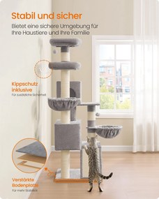 Arranhador para gatos de 55 x 55 x 174 cm com plataforma grande e cavidade dupla, cinzento