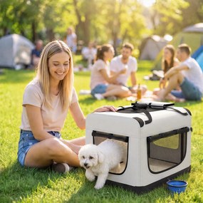 Transportadora Macia para Cães de Pequeno Porte Dobrável com Tigela em Tecido Oxford Cinza Claro