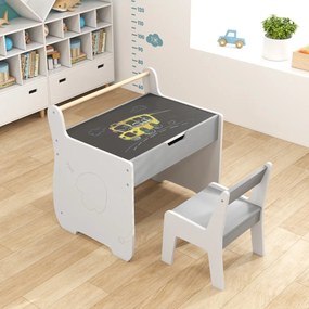 Conjunto de mesa e cadeira infantil de madeira 2 em 1 para crianças com tabuleiro removível, cinzento e branco