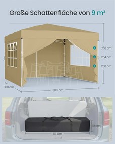 Tenda dobrável de 3 x 3 m para jardim e festas, com 4 paredes laterais, cor bege