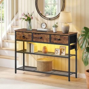 Mesa consola com luz led 98,8 x 30 x 78,7 cm, 3 gavetas castanha vintage
