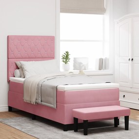 Cama Box Spring com Colchão e Banco Rosa 90x200 cm Veludo