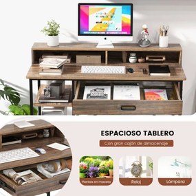 Secretária de computador com suporte para monitor Mesa de estudo com gaveta 2 Estantes abertas para escritório em casa 120 x 56 x 90,5 cm Castanho