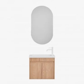 Conjunto De Móvel De Casa De Banho Suspenso Em Madeira Com Lavatório Integrado Narek Castanho Fresno & Ovalado Com Armazenamento Preto - Sklum