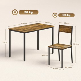 Conjunto de mesa de jantar com 4 cadeiras, mesa de cozinha com cadeiras para 4 pessoas, pés em metal, castanho rústico