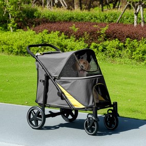 Carrinho para cães e gatos, 4 rodas, dobrável com um clique, trela de segurança, capacidade de carga de 30 kg, 112 x 65 x 100 cm, cinzento escuro