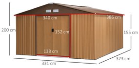 Abrigo de Jardim Metálico 340x386x200cm Abrigo de Exterior para Armazenamento de Ferramentas com Base Incluida 4 Janelas de Ventilação e Porta Correde