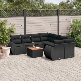 9 pcs conjunto de sofás p/ jardim c/ almofadões vime PE preto