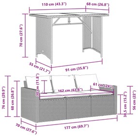 2 pcs conjunto de jantar p/ jardim c/ almofadões vime PE preto