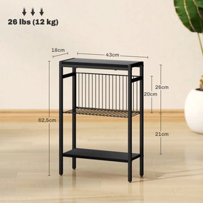 Mesa Auxiliar Estreita de 3 Níveis Mesinha Auxiliar Industrial com Prateleiras Abertas e Estrutura de Aço  43x18x62,5 cm Preto
