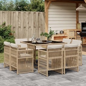 9 pcs conjunto de jantar p/ jardim com almofadões vime PE bege