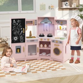 Cozinha de brinquedo de madeira com luzes e sons com quadro negro e acessórios de cozinha para crianças 131 x 47 x 92 cm rosa