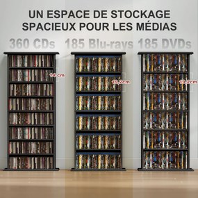 Organizador para CD e DVD com 8 compartimentos e 6 prateleiras ajustáveis, capacidade máxima de 360 CD/185 DVD e Blu-ray, preto