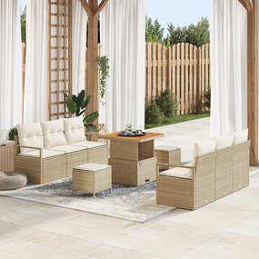 Conjunto de Sofá de Jardim vidaXL 9 Peças com Almofadas Bege Polirattan Acácia