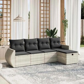 5 pcs conj. sofás jardim c/ almofadões vime PE cinzento-claro