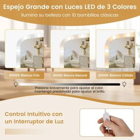 Toucador com espelho e luzes 108 x 40 x 149 cm com banco e Estação de carregamento 3 cores de luz 3 gavetas 2 armarios para quarto Branco