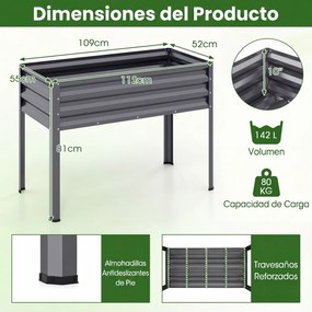Floreira Elevada de Metal 112 x 55 x 81 cm com Revestimento Eletroforético e Drenagem para Legumes, Flores e Frutas - Cinzenta