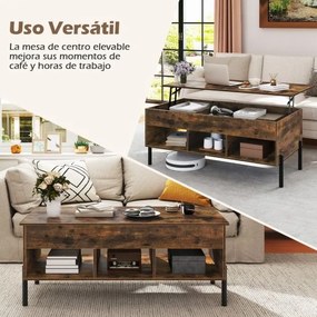 Mesa de centro 100 x 50 x 45 cm elevável com tampo ajustável, amplo compartimento oculto e 3 espaços abertos, com pés em metal Café
