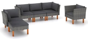 6 pcs conj. lounge jardim vime PE e madeira eucalipto cinzento
