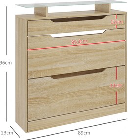 Sapateira 89 x 23 x 96 cm com 2 gavetas rebatíveis + 1 gaveta deslizante + 1 balcão e 1 prateleira de vidro ajustável cor carvalho
