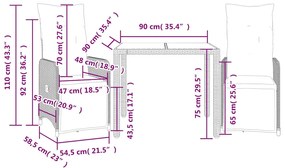 3 pcs conjunto bistrô de jardim c/ almofadões vime PE cinza
