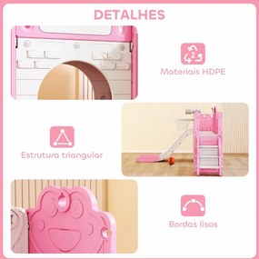 Escorrega Infantil 7 em 1 para Crianças Tema de Sapo com Aro de Basquetebol Túnel Quadro Telescópio de Brincar Trepador 176x150x94 cm Rosa