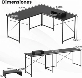 Secretária de Canto para 2 Pessoas, 150 x 150 x 74,5 cm, Reversível 2 em 1, Preto