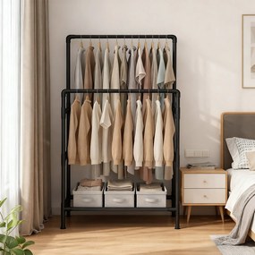 Guarda roupa, cabide aberto em metal 83 x 45 x 157 cm, com prateleira e duas varas, cabideiro para o hall de entrada preto