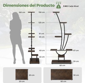 Conjunto de 2 suportes para plantas de interior com luzes. Estante metálica de 8 níveis com gancho para escritório, 67 x 30 x 156 cm, castanho e preto