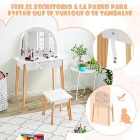 Conjunto de toucador infantil 2 em 1, mesa e banco de madeira com gaveta espelhada dobrável para meninas de 3 a 7 anos branco