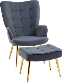 HOMCOM Poltrona com descanso de pés, poltrona de sala capitonada com encosto alto, pés em aço dourado e tecido de veludo, cinza escuro | Aosom Portugal