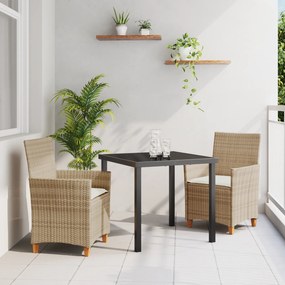 vidaXL Conjunto de Jantar de Jardim de 3 Peças com Almofadas Bege Rattan de Polietileno