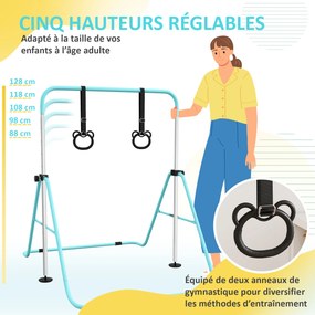 Barra de ginástica para crianças, barra horizontal dobrável com altura ajustável e argolas de ginástica, ciano