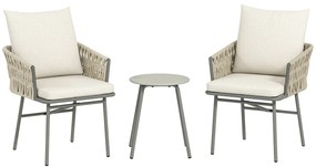Outsunny Conjunto de Jardim de 3 Peças com 2 Cadeiras com Almofadas Removíveis e Laváveis e Mesa com Bancada de Metal Cinza e Creme | Aosom Portugal