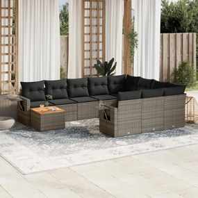 11 pcs conjunto sofás de jardim c/ almofadões vime PE cinzento