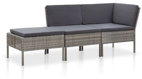 vidaXL Conjunto lounge de jardim c/ almofadões 3 pcs vime PE cinzento