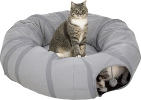 Túnel redondo para gatos de interior com cama e almofada, dobrável, com orifícios para bolas e mirilhão, Ø 90 x 27 cm, cinzento