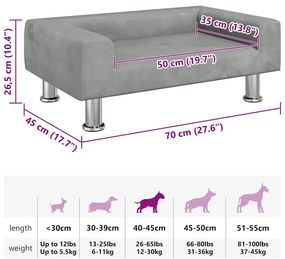 Cama para cães 70x45x26,5 cm veludo cinzento-claro