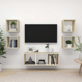 5 pcs conjunto móveis de TV contraplacado branco e carv. sonoma