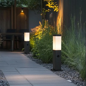 Candeeiro de exterior cinza escuro com vidro opalino 45cm IP44 com tomada e sensor de movimento - Malios