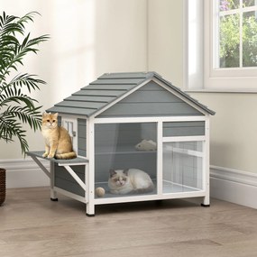 Casinha para gatos de exterior com teto abrível, janela panorâmica, porta de lâminas e plataforma de descanso, 101 x 72,5 x 81 cm, cinzenta