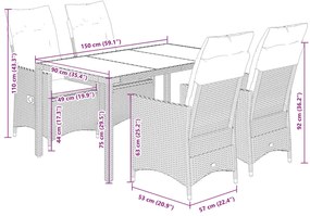 5 pcs conjunto de jantar p/ jardim com almofadões vime PE bege