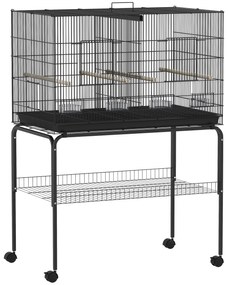 Gaiola para Pássaros com Divisória Rodas Gaiola para Aves com Comedouros Poleiros e Bandeja Removível 94x57x128 cm Preto