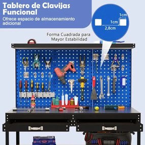 Mesa de trabalho metálica para ferramentas com painéis de perfuração de 3 furos Gaveta e Estantes 24 Ganchos 121 x 61 x 156 cm-Azul marinho