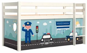 Cama alta de Criança PINO 90 x 200 cm + estrado + escada + cortina Policia Branca