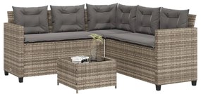 Sofá de jardim forma de L c/ mesa e almofadões vime PE cinzento