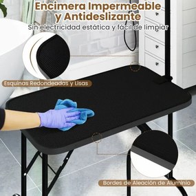 Mesa de Higiene para Animais 80,5 x 46 x 148 cm Dobrável com Braço Ajustável em Altura e Laço Superfície Antiderrapante e Impermeável Preta